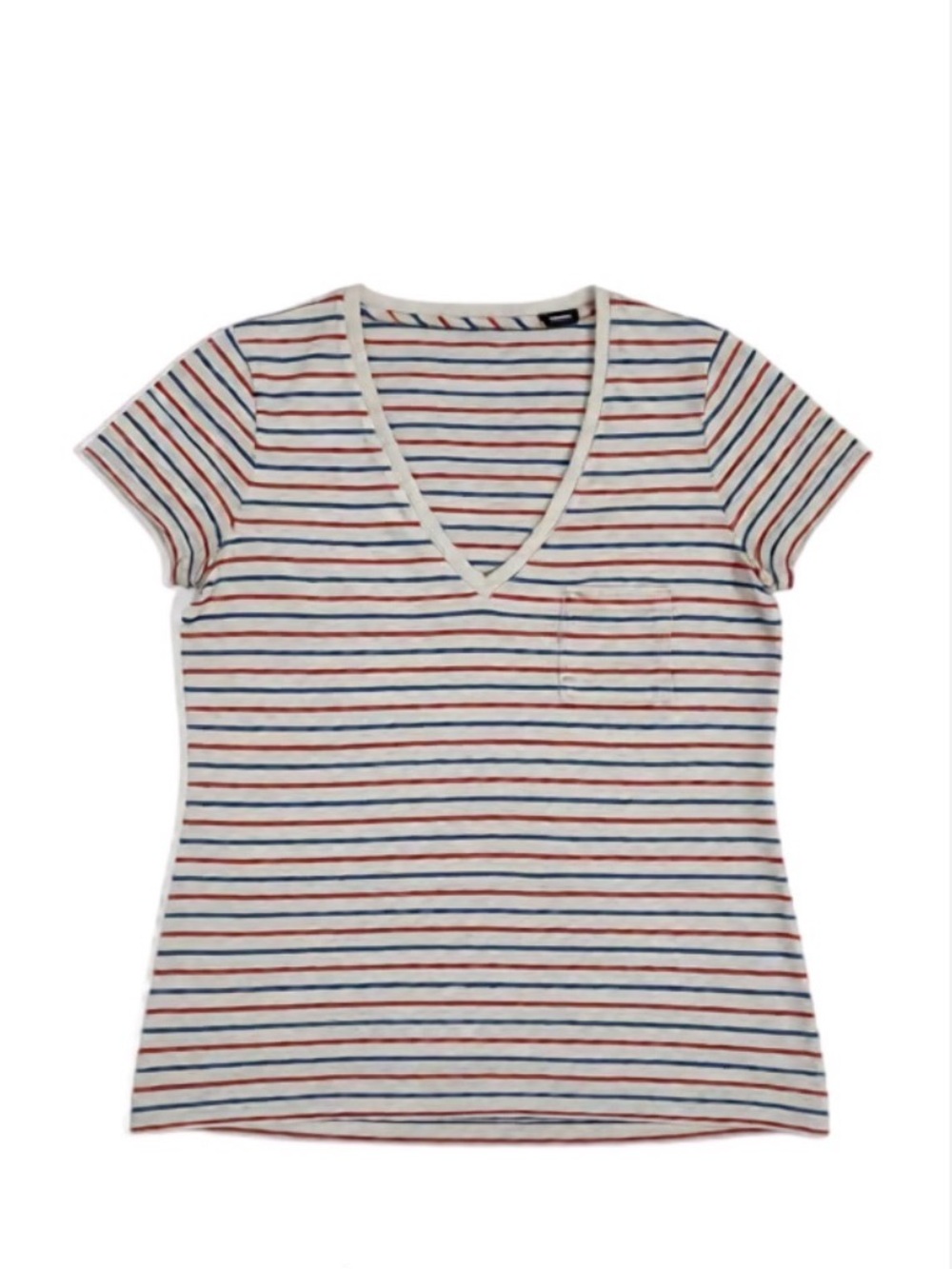 Madewell Striped V-Neck Tee in White with Red & Blue Stripes